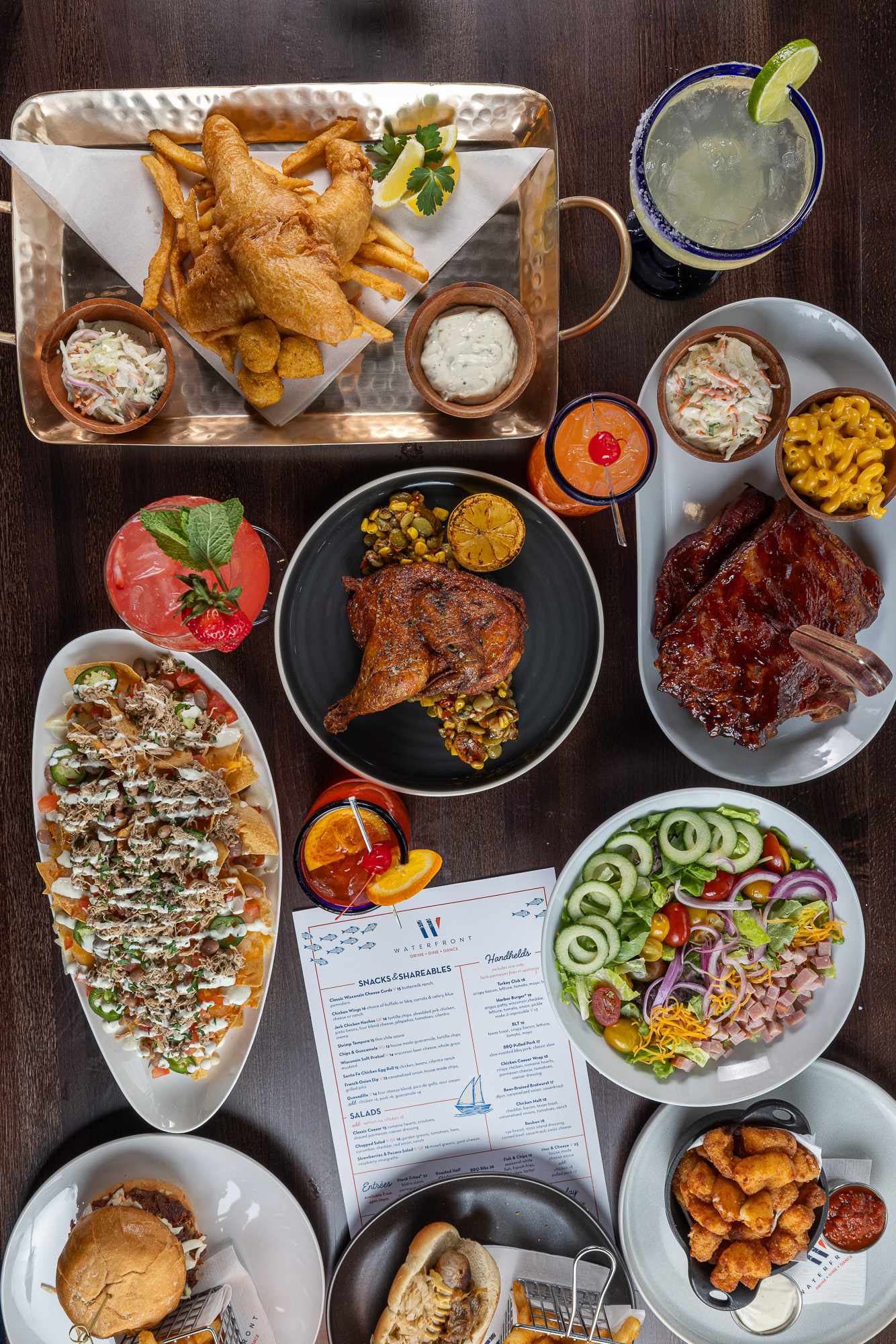 Overhead spread of Waterfront menu favorites