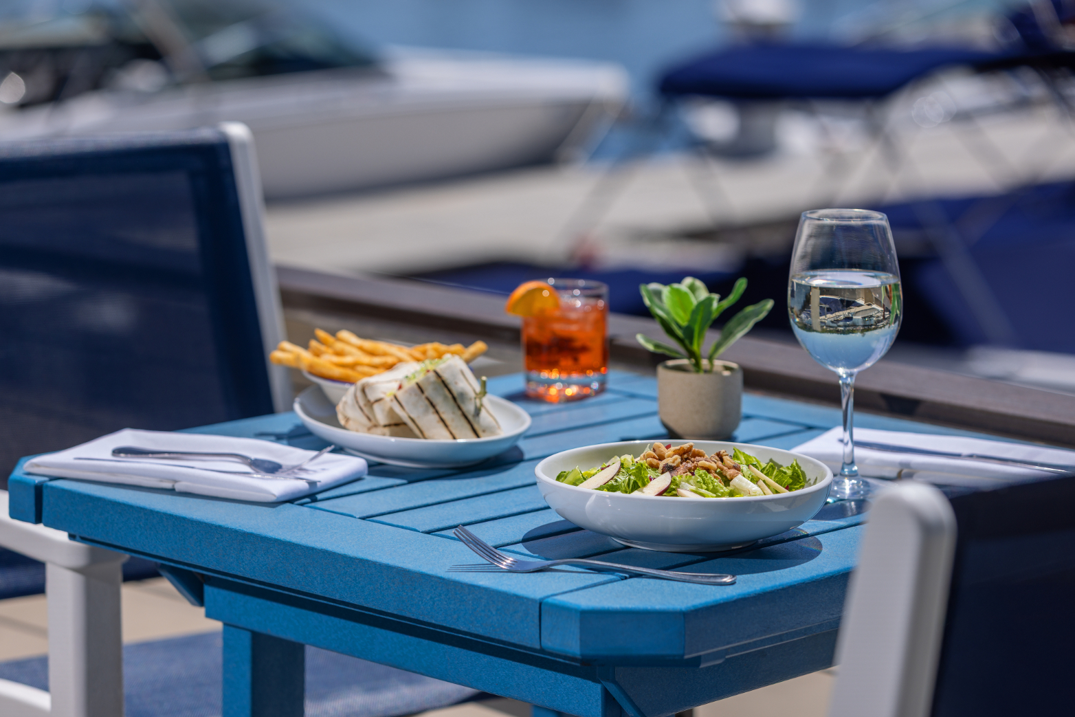 Fresh salad and wrap on the waterfront deck